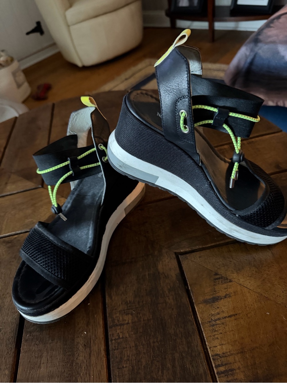 Nero Giardini Black Platform Sandals with Neon Yellow-Green Accents
